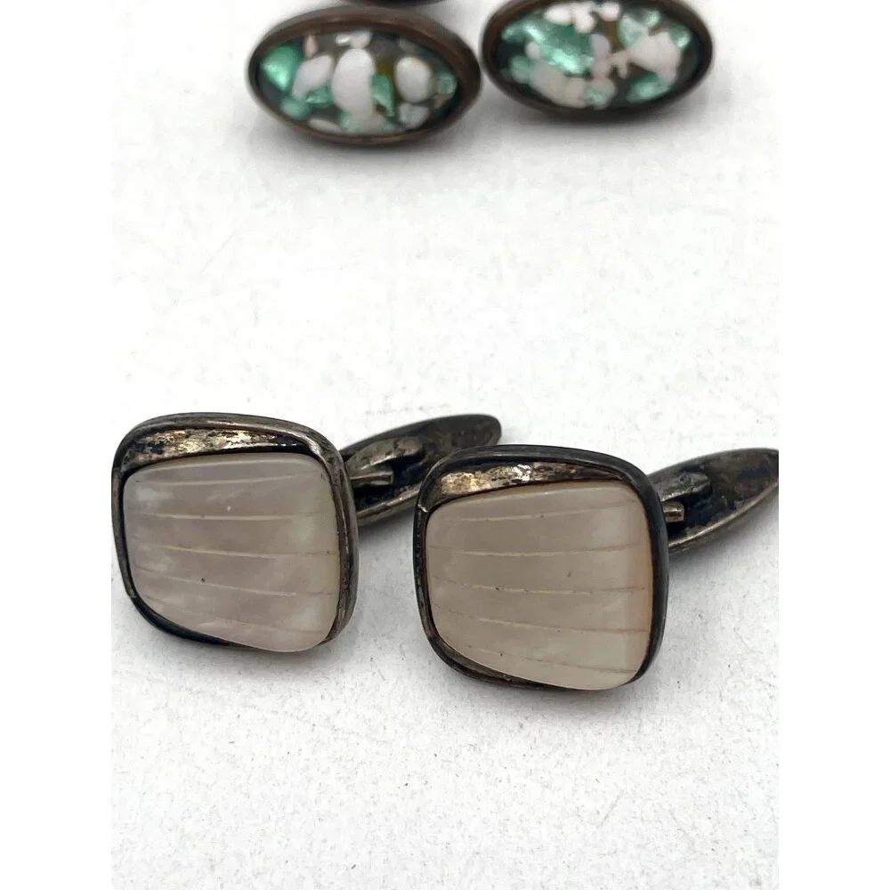 Vintage 835 Silver & Mother Of Pearl Cufflinks Mosaic Design 2 Sets
